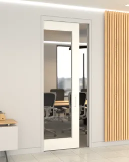 Glazed pocket sliding door in a shadow gap kit